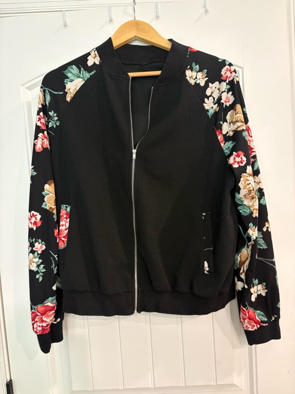 Floral Sleeve Black Bomber Jacket - Women's Lightweight Zip